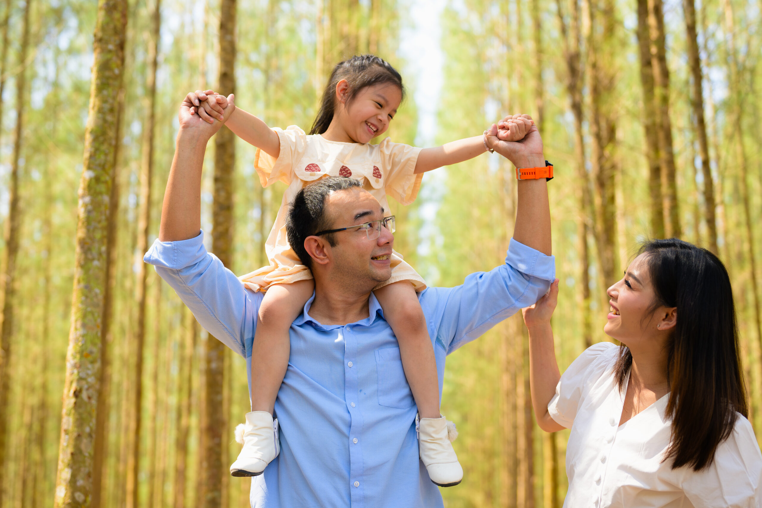 Cute girl riding on father shoulder playing together on holiday